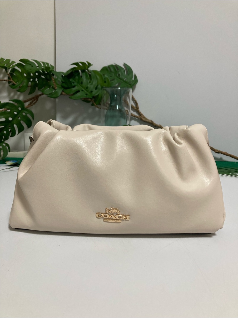 Coach Gathered Leather Clutch in Pale Beige with Gold Hardware